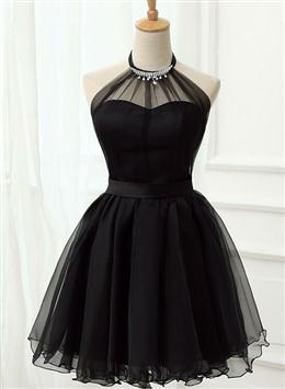 Picture of Cute Black Color Tulle Halter Short Homecoming Dresses, Black Color Prom Dresses